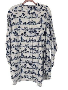 Lands End Womens Flannel Nightshirt Blue White Woodland Print Cotton Size 2X